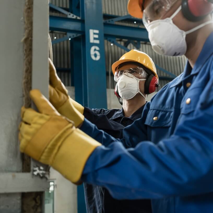 Two male workers in PPE working in an assembly plant.